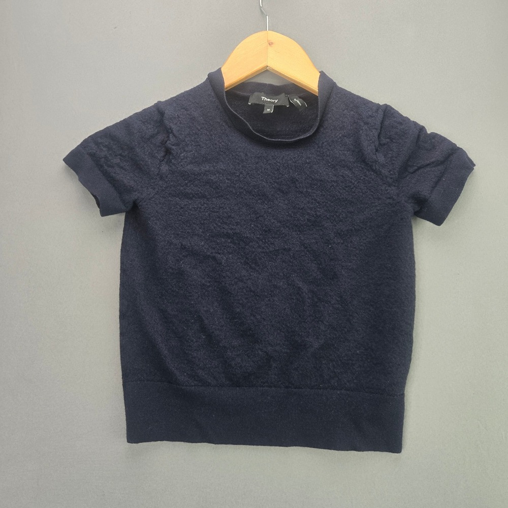 Theory Sweater Short Sleeve Textured Knit M Navy Blue Crew Neck Pullover 3348